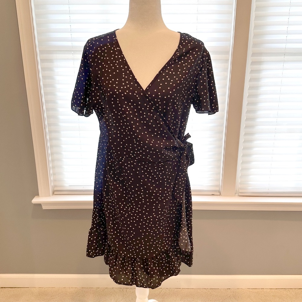 Relipop Black and White Polka Dot Wrap Dress with a Ruffle (Size L)